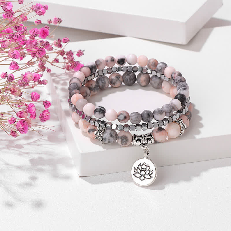 EverestArtStudios 3pcs Zebra Jasper Lotus Enlightenment Beaded Bracelet