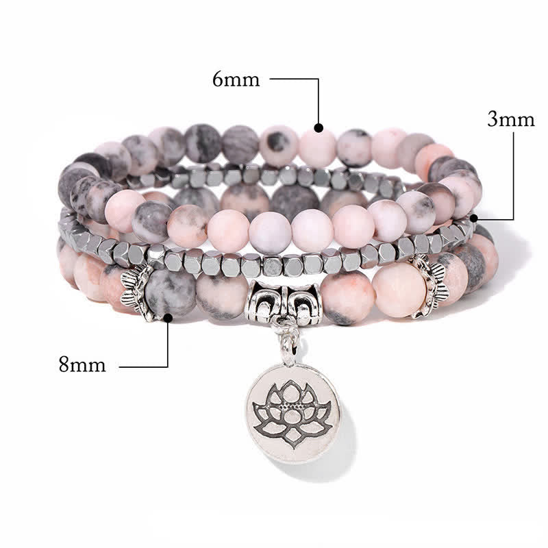 Buddha Stones 3pcs Zebra Jasper Lotus Enlightenment Beaded Bracelet