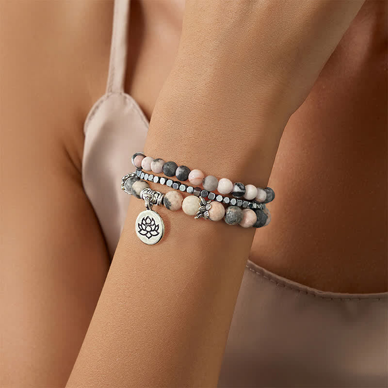 EverestArtStudios 3pcs Zebra Jasper Lotus Enlightenment Beaded Bracelet