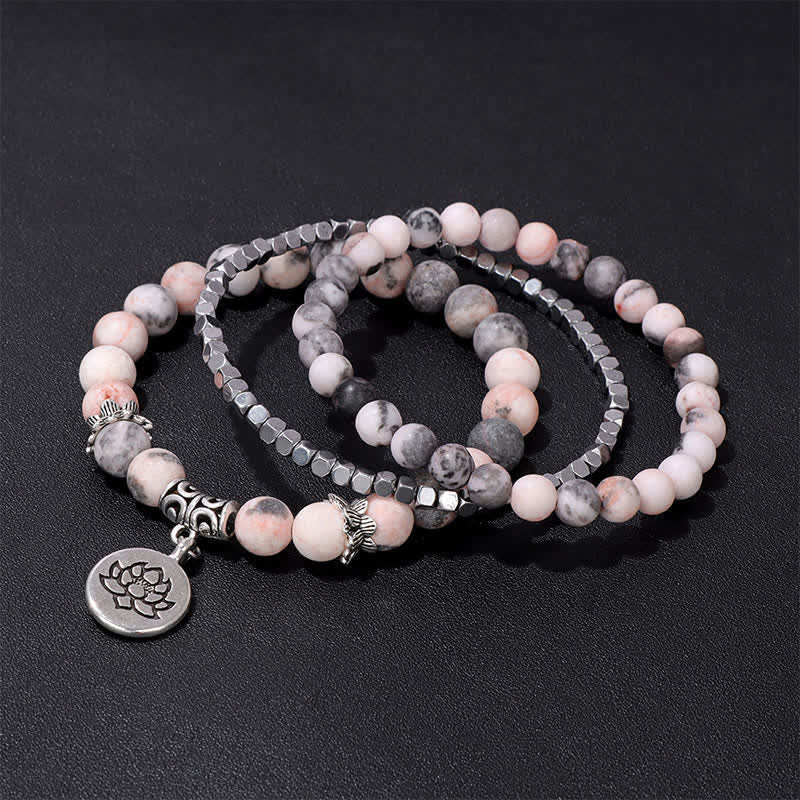 EverestArtStudios 3pcs Zebra Jasper Lotus Enlightenment Beaded Bracelet
