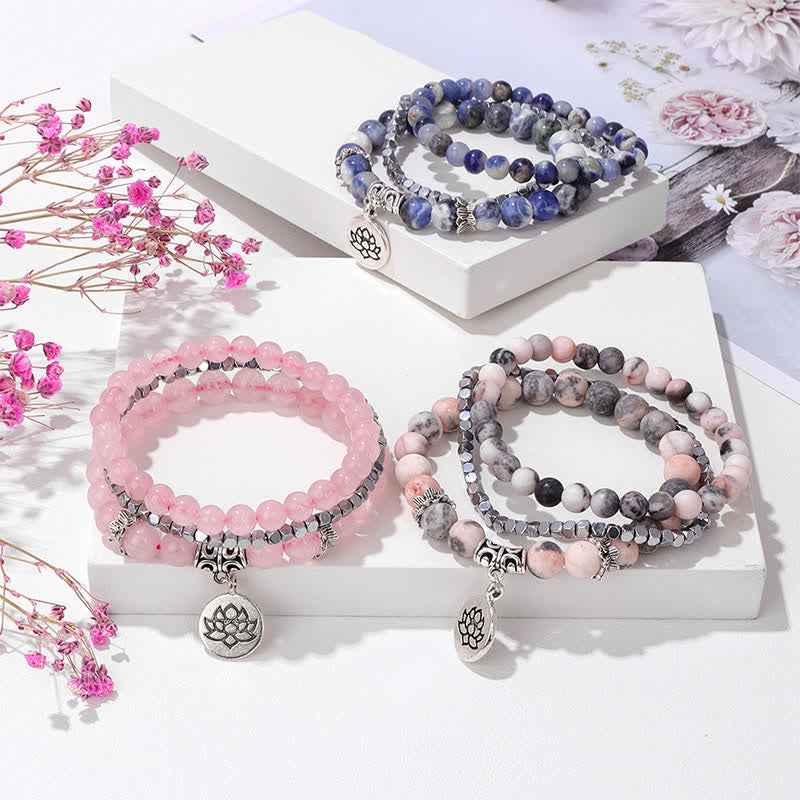 Buddha Stones 3pcs Zebra Jasper Lotus Enlightenment Beaded Bracelet