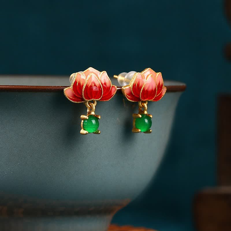 EverestArtstudios Jade Lotus Enamel Gold Dangle New Beginnings Earrings