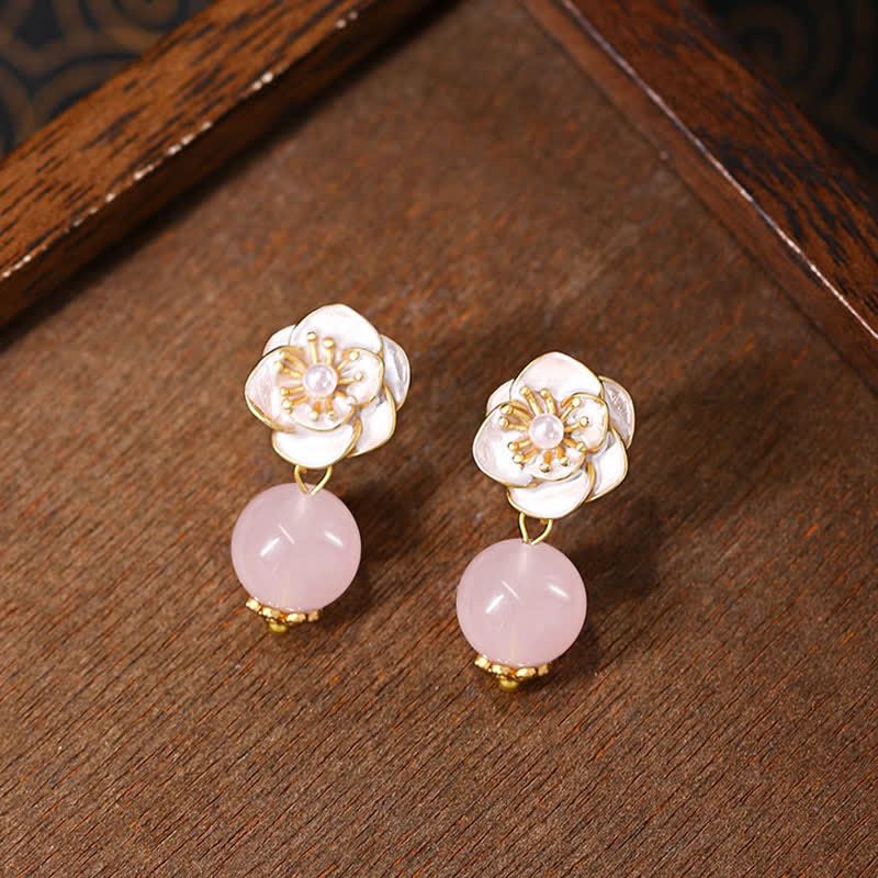 Buddha Stones Rose Quartz Camellia Loving Energy Drop Earrings