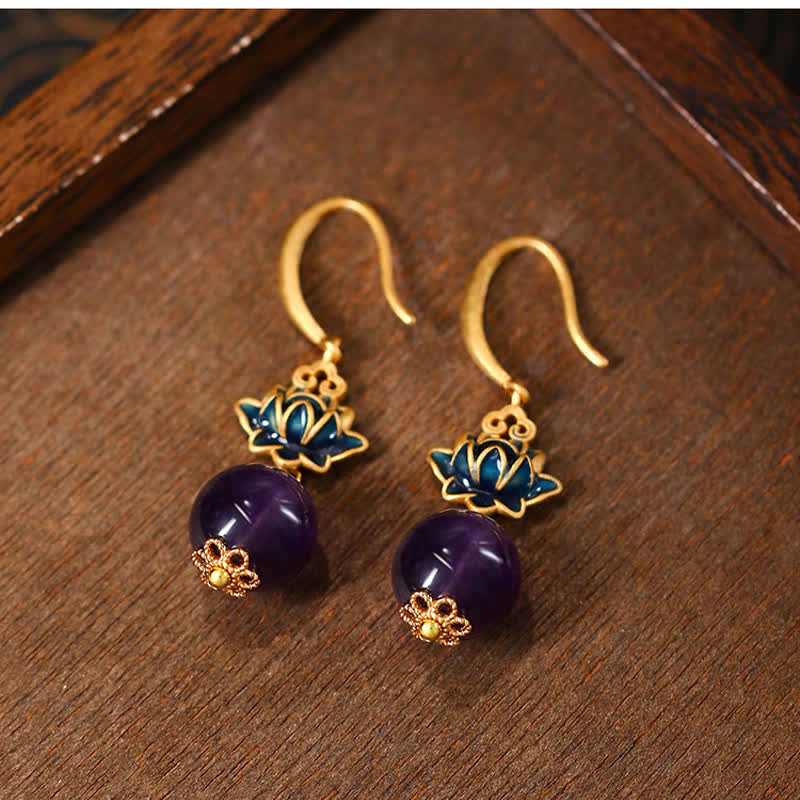 Buddha Stones Amethyst Lotus Enlightenment Drop Earrings