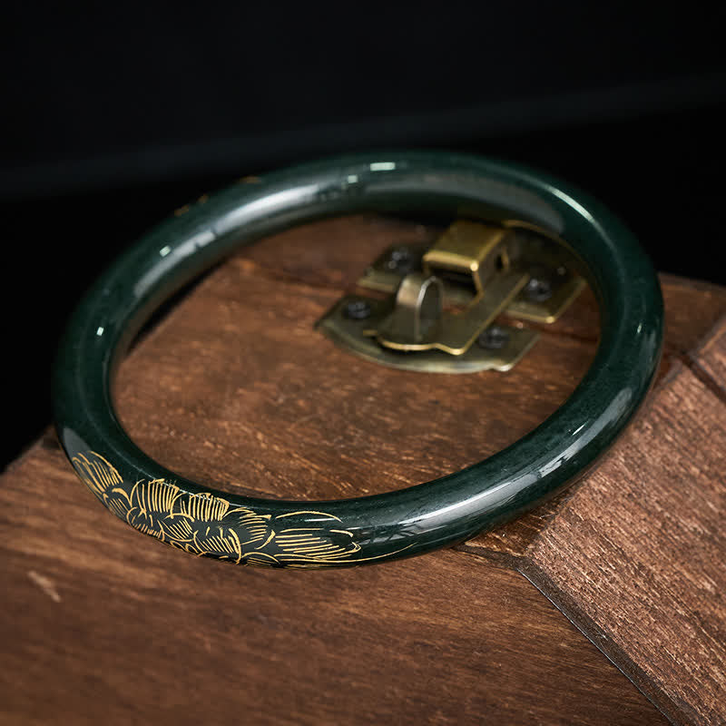 EverestArtstudios Natural Cyan Jade Lotus Koi Fish Enlightenment Bangle Bracelet