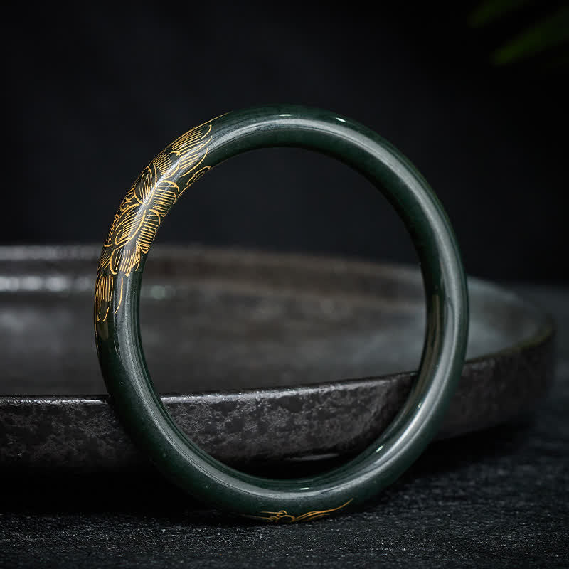 EverestArtstudios Natural Cyan Jade Lotus Koi Fish Enlightenment Bangle Bracelet