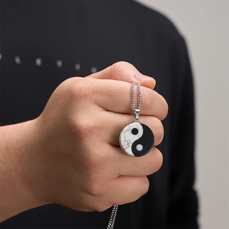 EverestArtStudios Natural Black Obsidian White Turquoise Yin Yang Tai Chi Strength Necklace