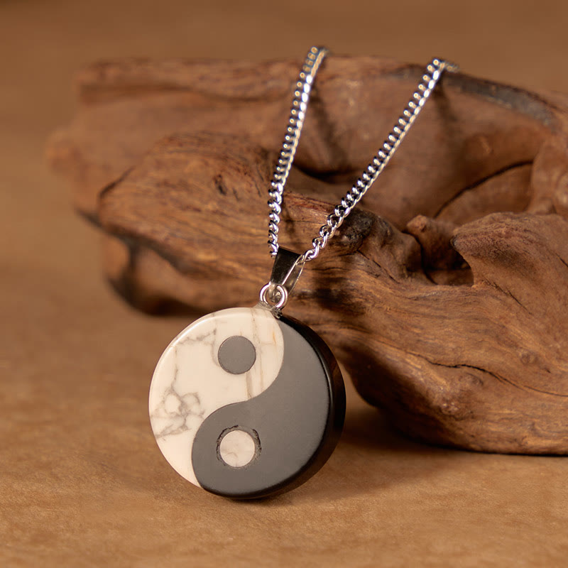 Buddha Stones Natural Black Obsidian White Turquoise Yin Yang Tai Chi Strength Necklace