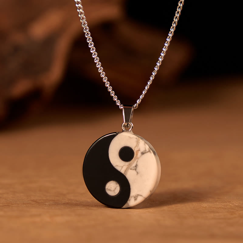 Buddha Stones Natural Black Obsidian White Turquoise Yin Yang Tai Chi Strength Necklace