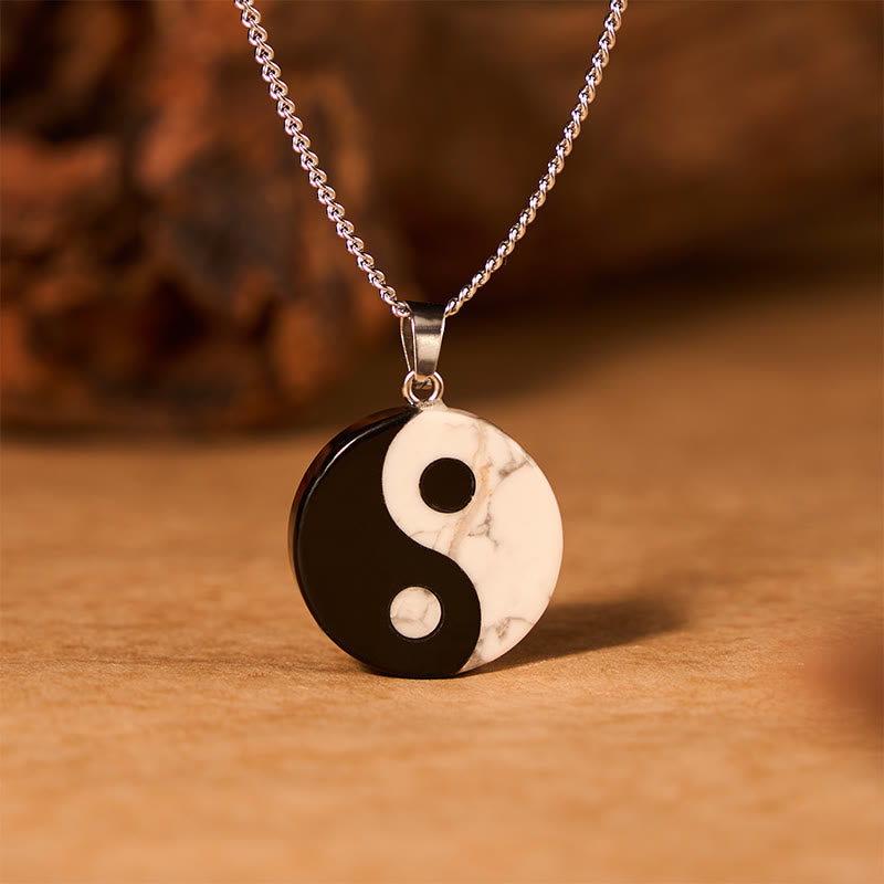 EverestArtStudios Natural Black Obsidian White Turquoise Yin Yang Tai Chi Strength Necklace