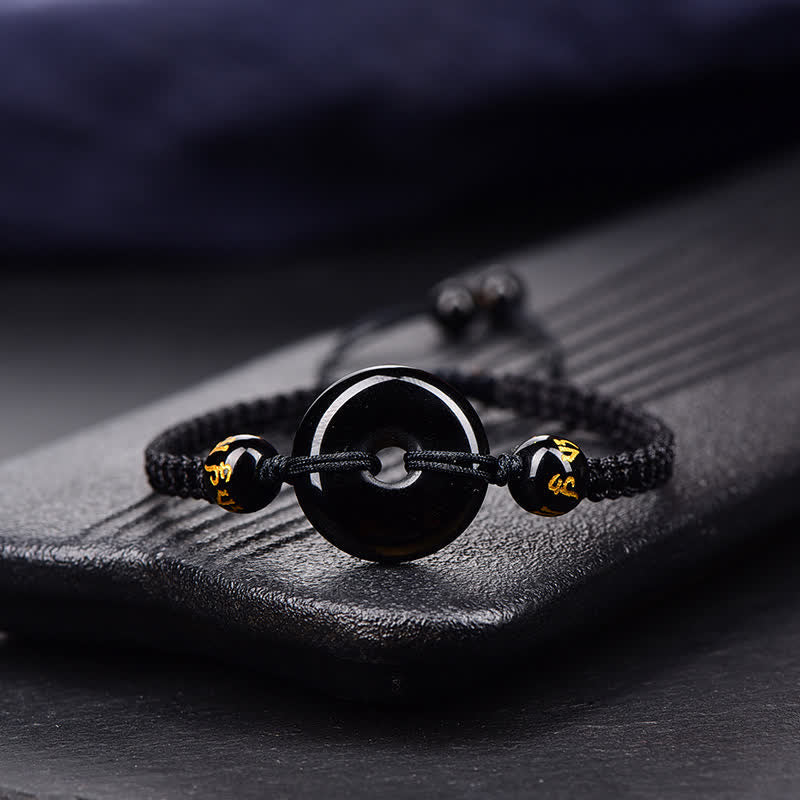 Buddha Stones Black Obsidian Peace Buckle Protection Braided Bracelet