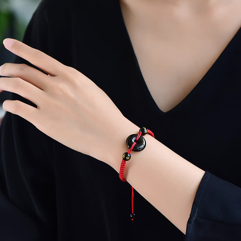 Buddha Stones Black Obsidian Peace Buckle Protection Braided Bracelet