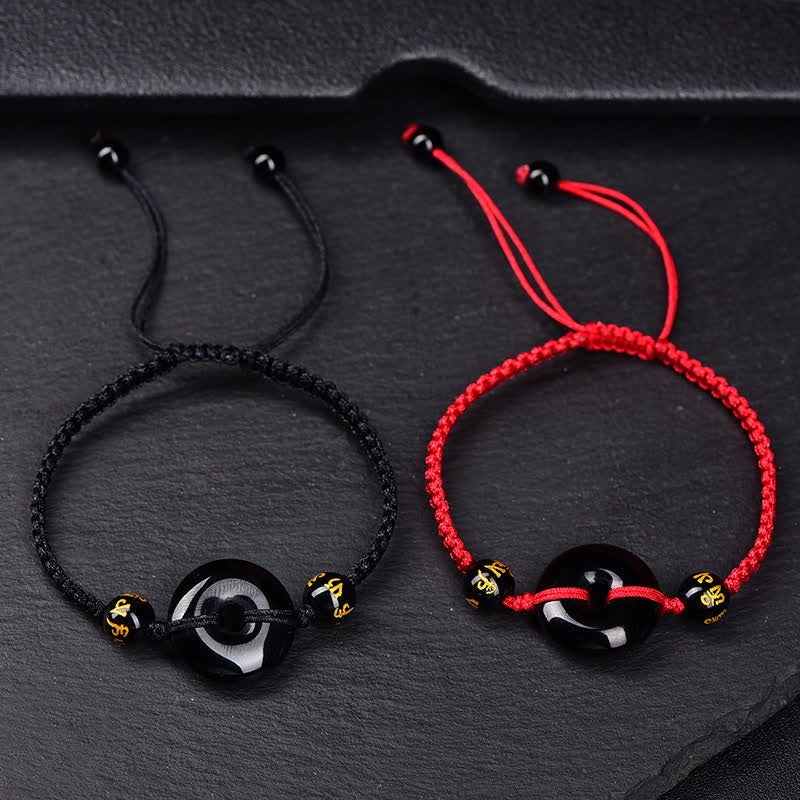 Buddha Stones Black Obsidian Peace Buckle Protection Braided Bracelet
