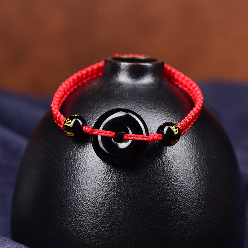 Buddha Stones Black Obsidian Peace Buckle Protection Braided Bracelet