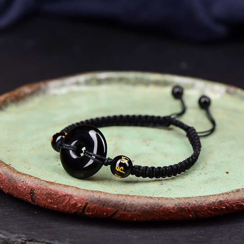 Buddha Stones Black Obsidian Peace Buckle Protection Braided Bracelet