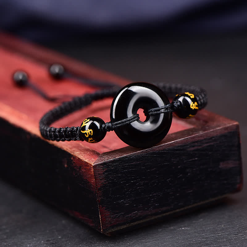 Buddha Stones Black Obsidian Peace Buckle Protection Braided Bracelet