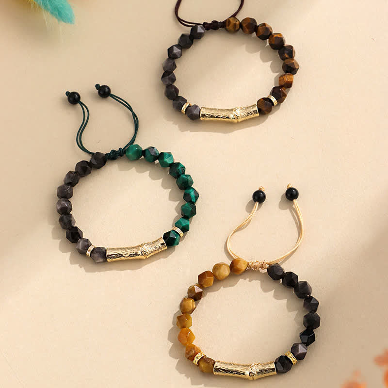 Buddha Stones Tiger Eye Silver Sheen Obsidian Bamboo Growth Faceted Bracelet