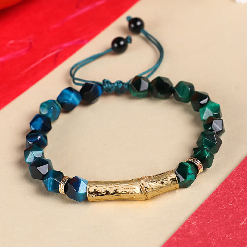 Buddha Stones Tiger Eye Silver Sheen Obsidian Bamboo Growth Faceted Bracelet