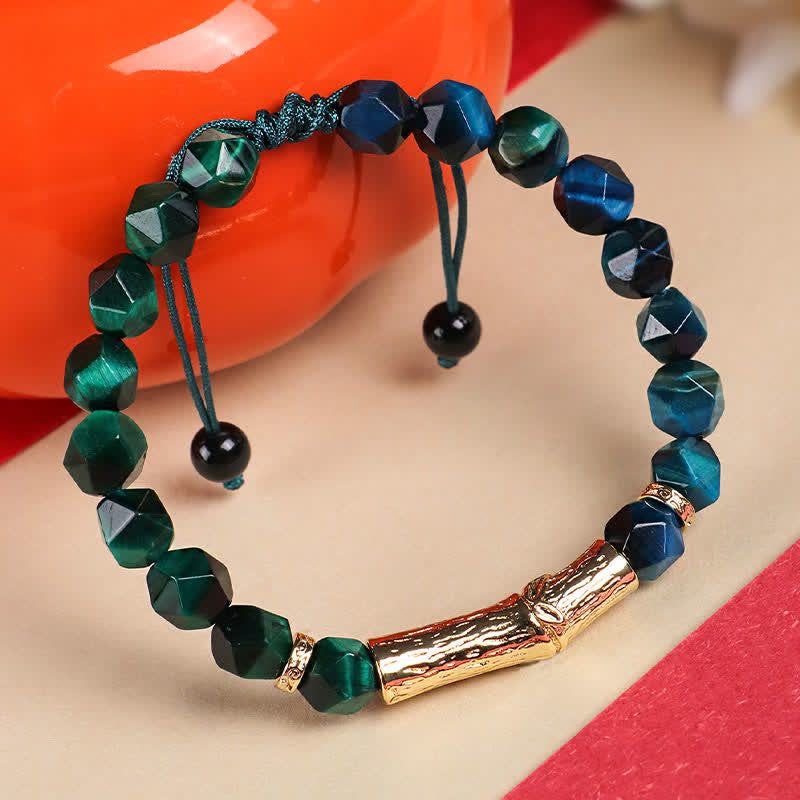 Buddha Stones Tiger Eye Silver Sheen Obsidian Bamboo Growth Faceted Bracelet
