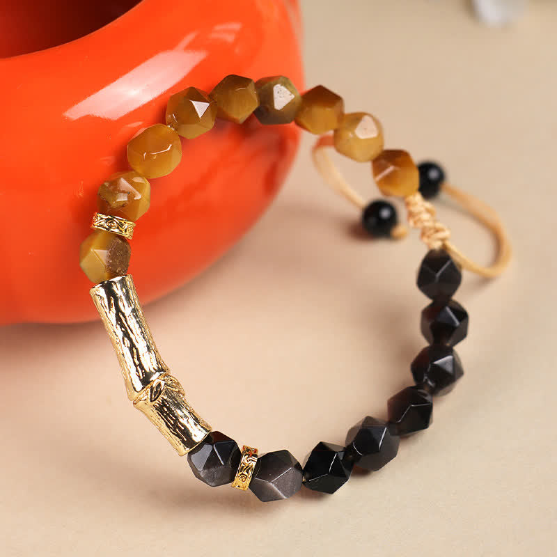 Buddha Stones Tiger Eye Silver Sheen Obsidian Bamboo Growth Faceted Bracelet