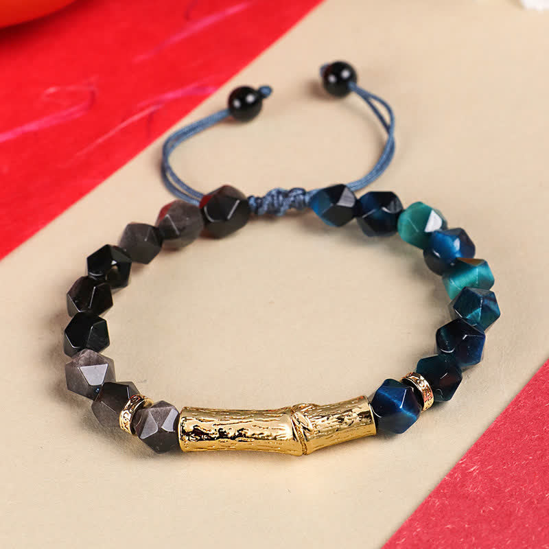 Buddha Stones Tiger Eye Silver Sheen Obsidian Bamboo Growth Faceted Bracelet