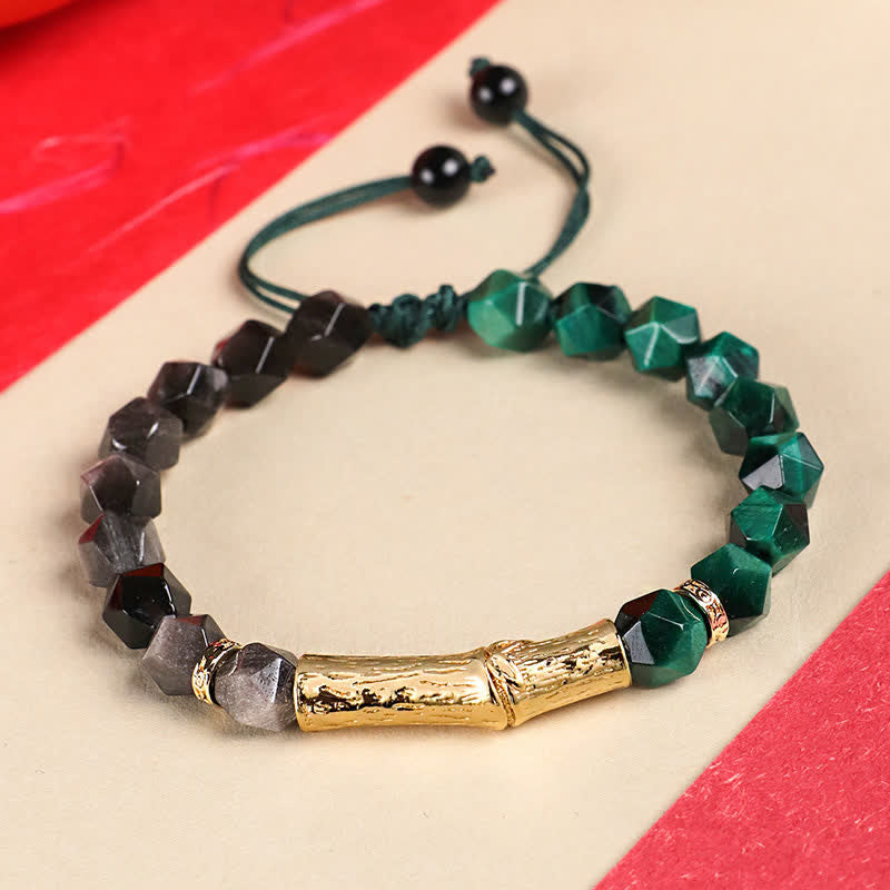 Buddha Stones Tiger Eye Silver Sheen Obsidian Bamboo Growth Faceted Bracelet