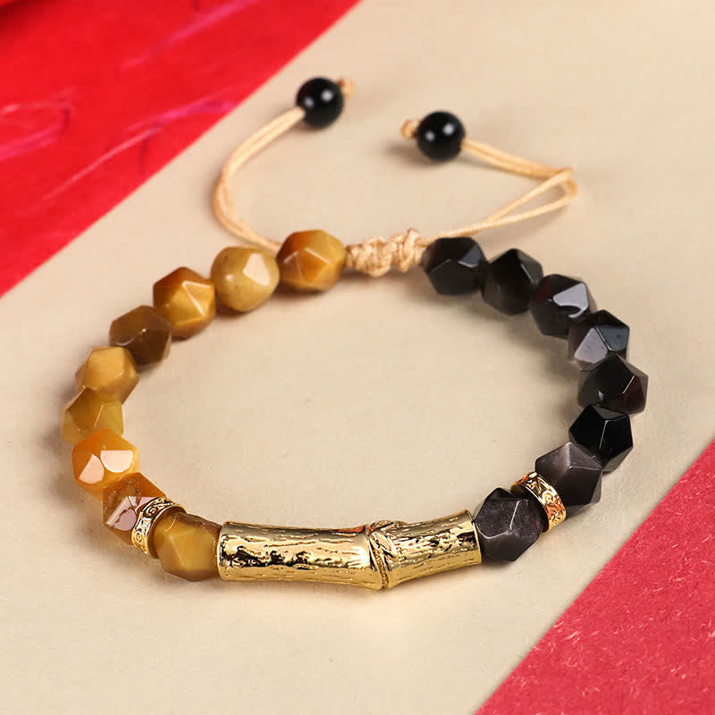 Buddha Stones Tiger Eye Silver Sheen Obsidian Bamboo Growth Faceted Bracelet