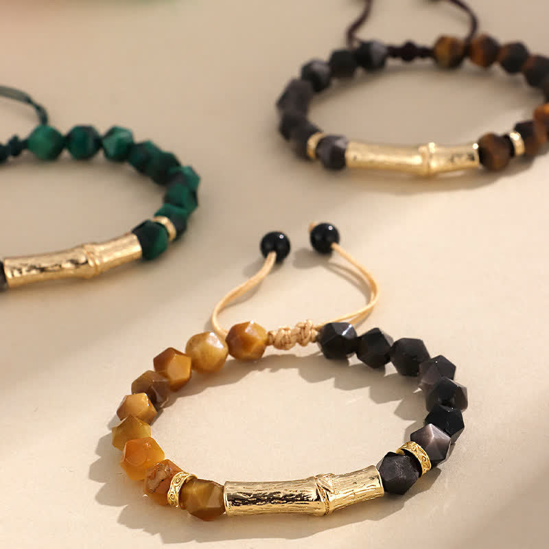 Buddha Stones Tiger Eye Silver Sheen Obsidian Bamboo Growth Faceted Bracelet