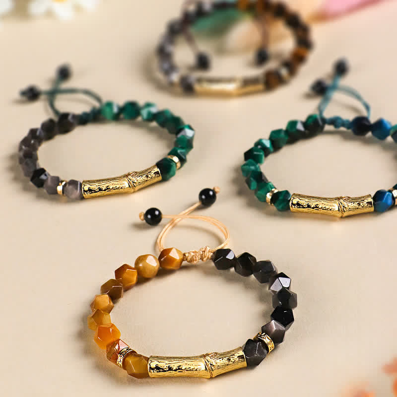 Buddha Stones Tiger Eye Silver Sheen Obsidian Bamboo Growth Faceted Bracelet