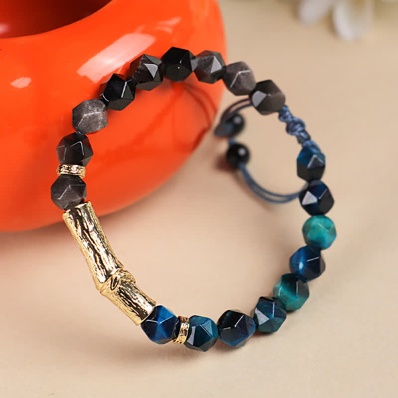 Buddha Stones Tiger Eye Silver Sheen Obsidian Bamboo Growth Faceted Bracelet