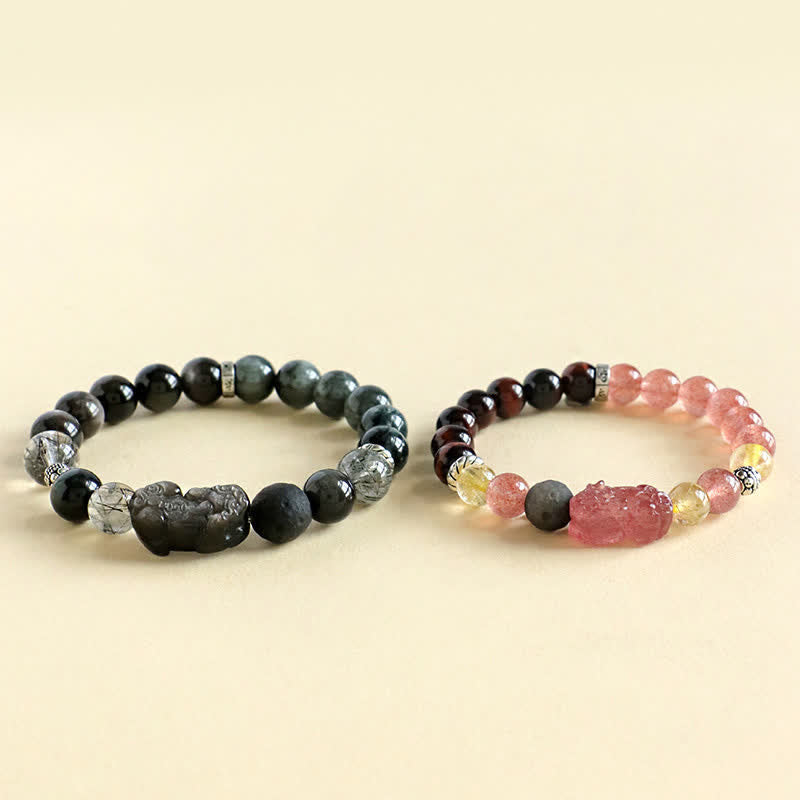 Buddha Stones Strawberry Quartz And Silver Sheen Obsidian Pixiu Love Hand Carved Couples Bracelet