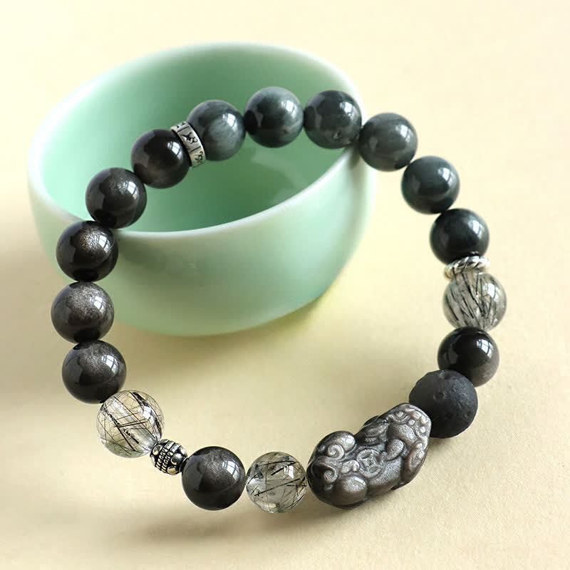 Buddha Stones Strawberry Quartz And Silver Sheen Obsidian Pixiu Love Hand Carved Couples Bracelet