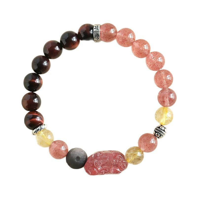 Buddha Stones Strawberry Quartz And Silver Sheen Obsidian Pixiu Love Hand Carved Couples Bracelet