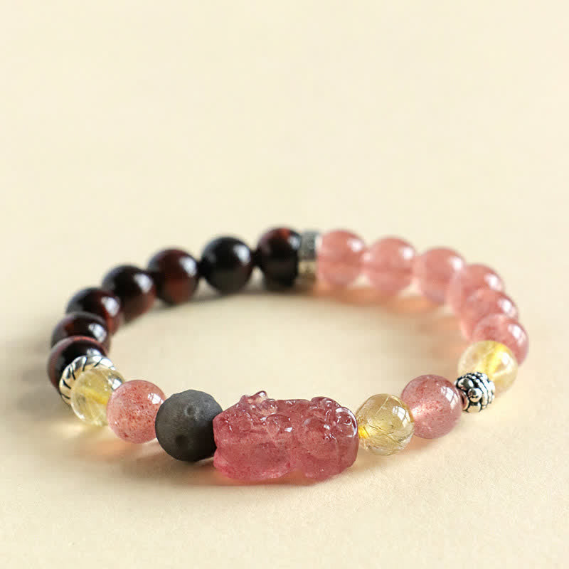 Buddha Stones Strawberry Quartz And Silver Sheen Obsidian Pixiu Love Hand Carved Couples Bracelet