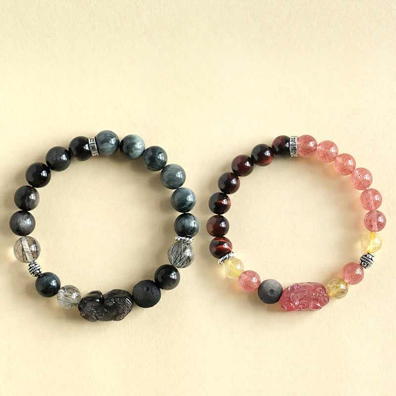 Buddha Stones Strawberry Quartz And Silver Sheen Obsidian Pixiu Love Hand Carved Couples Bracelet