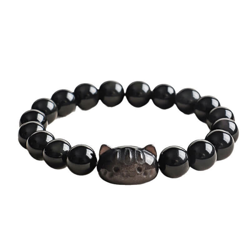 Buddha Stones Silver Sheen Obsidian Hand Carved Cat Pendant Calmness Handmade Bracelet