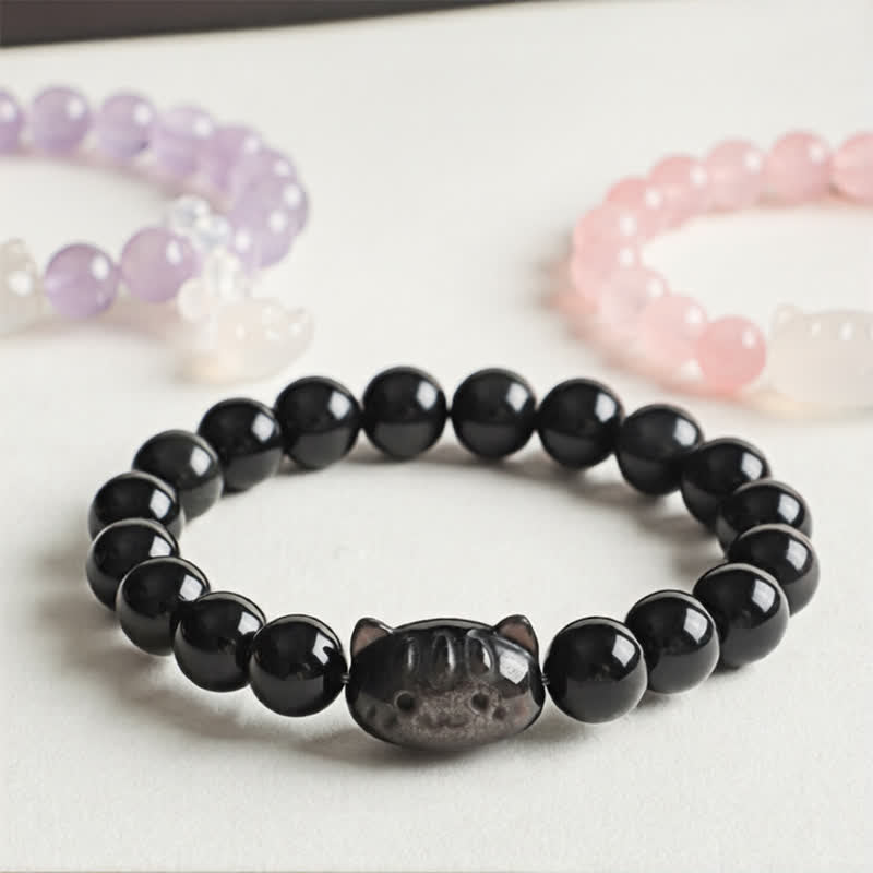 Buddha Stones Silver Sheen Obsidian Hand Carved Cat Pendant Calmness Handmade Bracelet