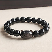 Buddha Stones Silver Sheen Obsidian Hand Carved Cat Pendant Calmness Handmade Bracelet
