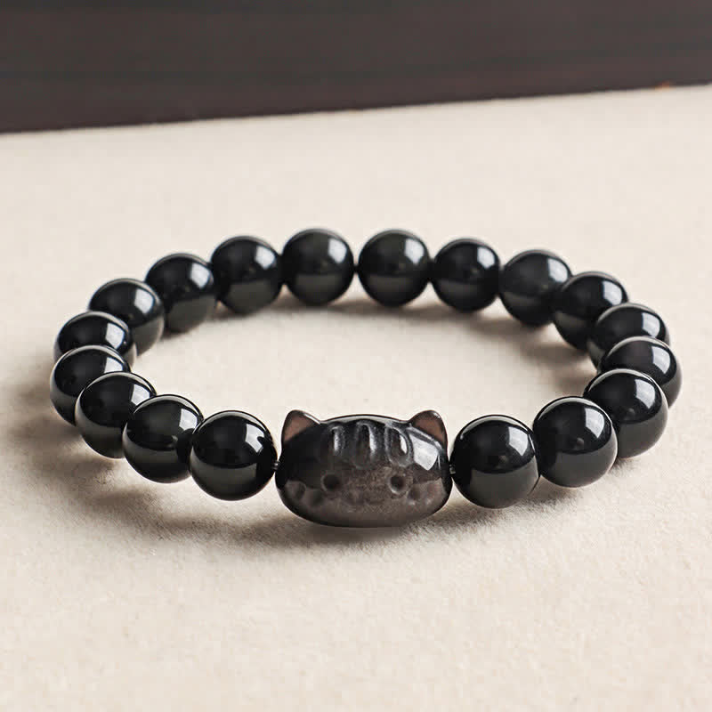Buddha Stones Silver Sheen Obsidian Hand Carved Cat Pendant Calmness Handmade Bracelet