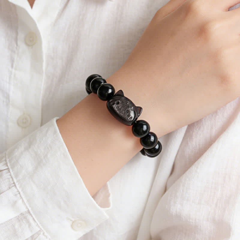 Buddha Stones Silver Sheen Obsidian Hand Carved Cat Pendant Calmness Handmade Bracelet