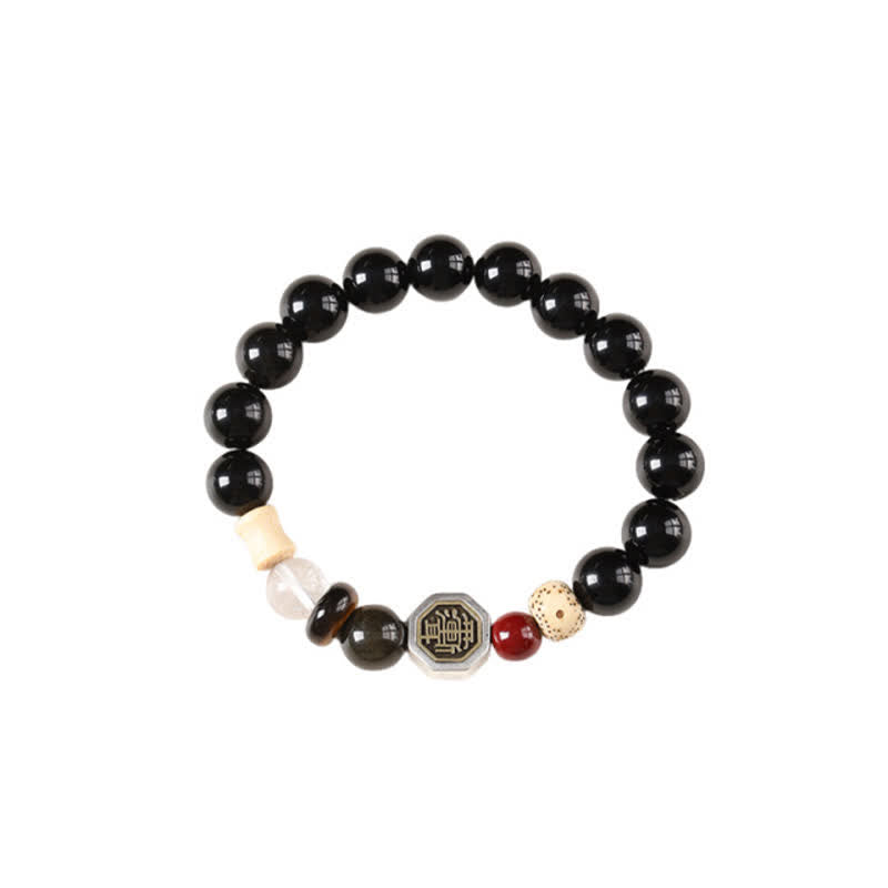 Buddha Stones Black Obsidian Bagua Protection Tibetan Round Bead Bracelet