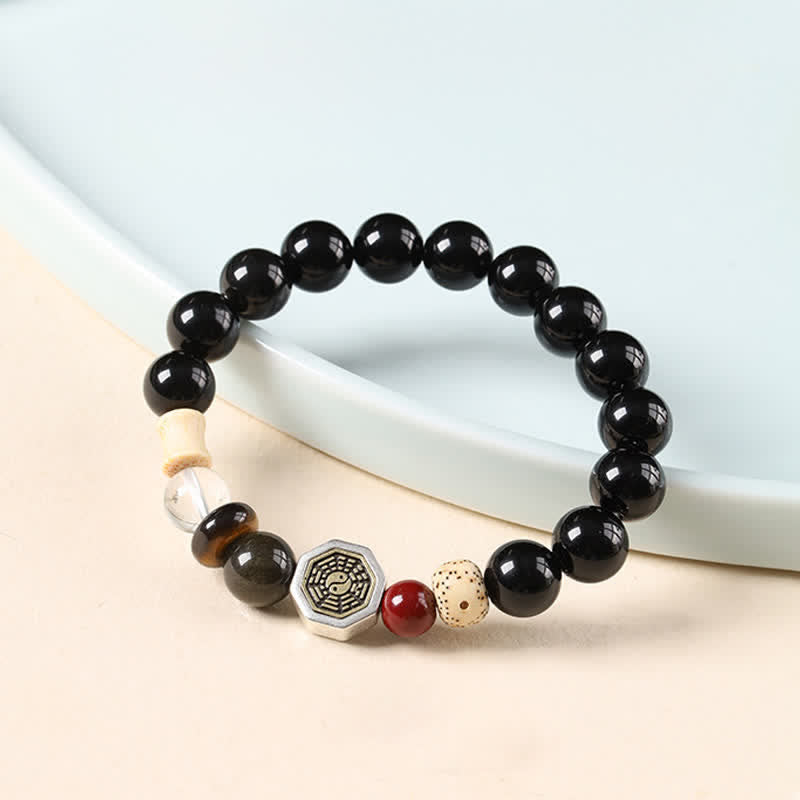 Buddha Stones Black Obsidian Bagua Protection Tibetan Round Bead Bracelet