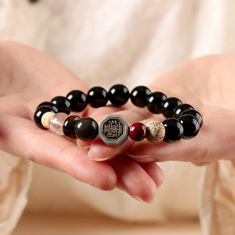 Buddha Stones Black Obsidian Bagua Protection Tibetan Round Bead Bracelet