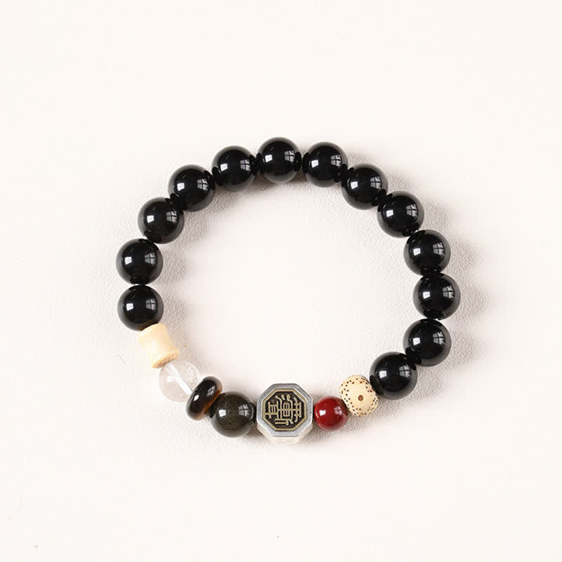 Buddha Stones Black Obsidian Bagua Protection Tibetan Round Bead Bracelet