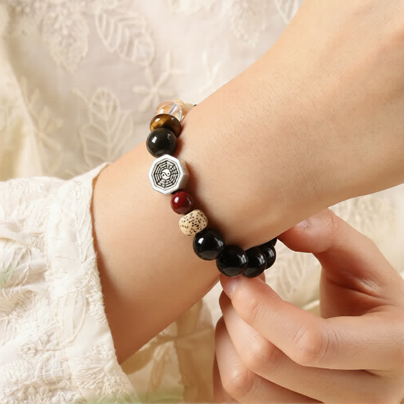 Buddha Stones Black Obsidian Bagua Protection Tibetan Round Bead Bracelet