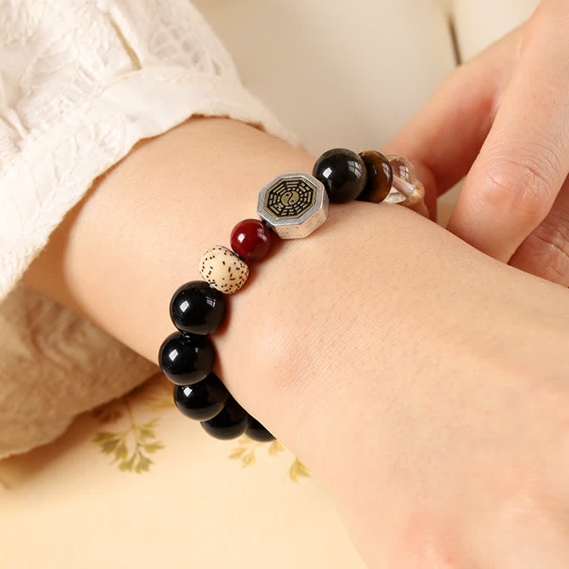 Buddha Stones Black Obsidian Bagua Protection Tibetan Round Bead Bracelet