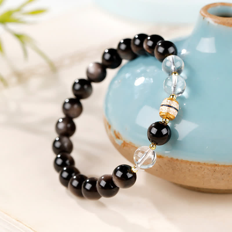 Buddha Stones Silver Sheen Obsidian Dzi Bead Protection Round Bracelet