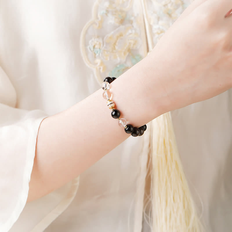 Buddha Stones Silver Sheen Obsidian Dzi Bead Protection Round Bracelet