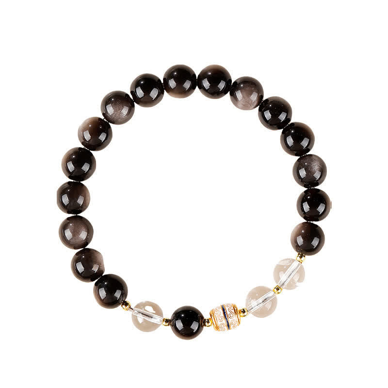 Buddha Stones Silver Sheen Obsidian Dzi Bead Protection Round Bracelet