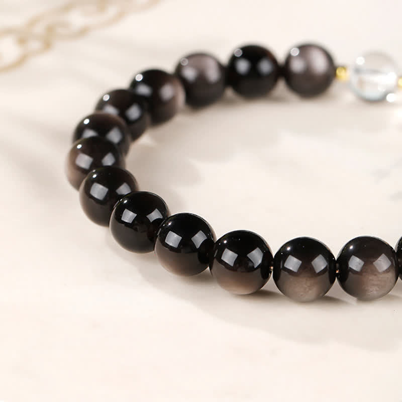 Buddha Stones Silver Sheen Obsidian Dzi Bead Protection Round Bracelet
